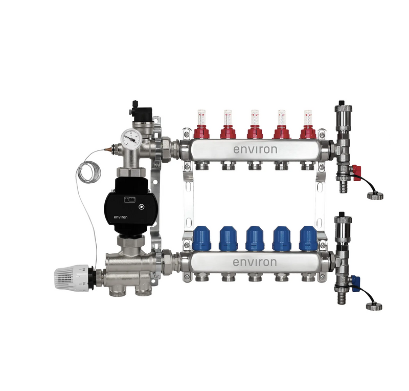 Festwertregelset M059 20-70°C mit EcoStar II 25/6 Hocheffizienzpumpe, Edelstahl-Heizkreisverteiler, Entlüfterset & Kugelhahnset