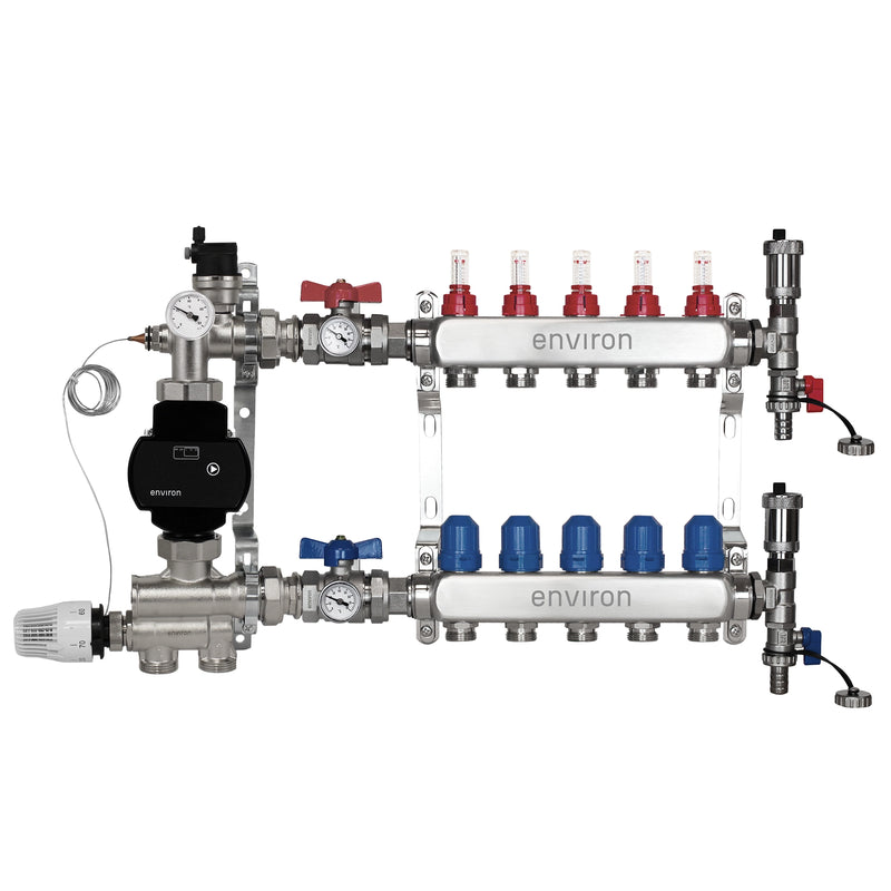Festwertregelset M059 20-70°C mit EcoStar II 25/6 Hocheffizienzpumpe, Edelstahl-Heizkreisverteiler, Entlüfterset & Kugelhahnset