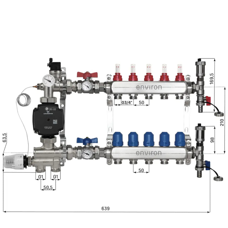 Juego de regulación de valor fijo M059 20-70°C con bomba de alta eficiencia Grundfos UPM3 25/6, distribuidor de circuito de calefacción de acero inoxidable, juego de purgadores y juego de válvulas de bola