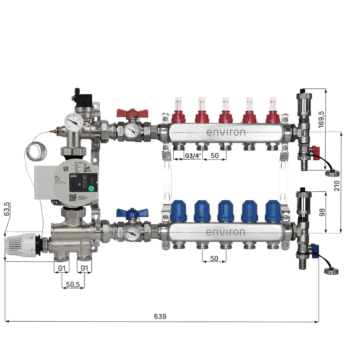 Festwertregelset M058 mit Wilo Para 25/6 Hocheffizienzpumpe und Heizkreisverteiler und Zubehör