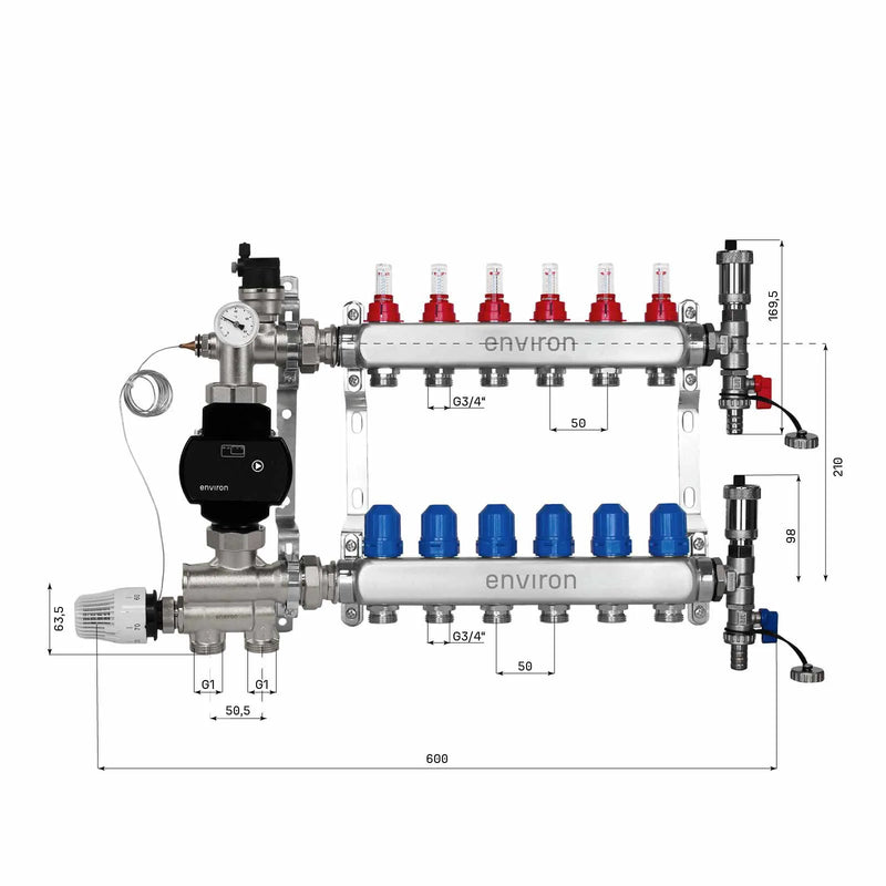 Festwertregelset M059 20-70°C mit EcoStar II 25/6 Hocheffizienzpumpe, Edelstahl-Heizkreisverteiler, Entlüfterset & Kugelhahnset