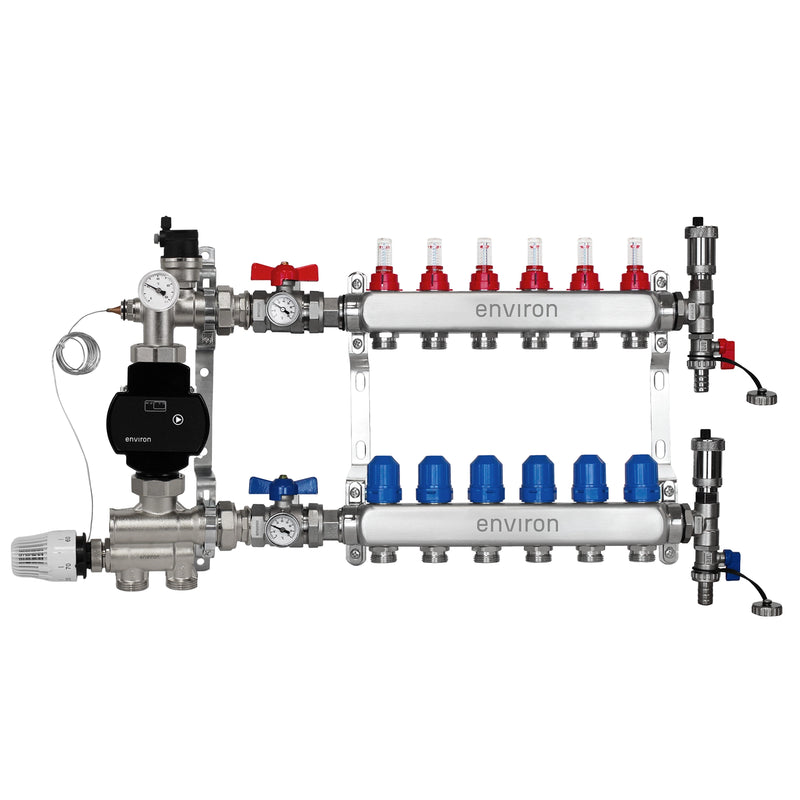 Festwertregelset M059 20-70°C mit EcoStar II 25/6 Hocheffizienzpumpe, Edelstahl-Heizkreisverteiler, Entlüfterset & Kugelhahnset