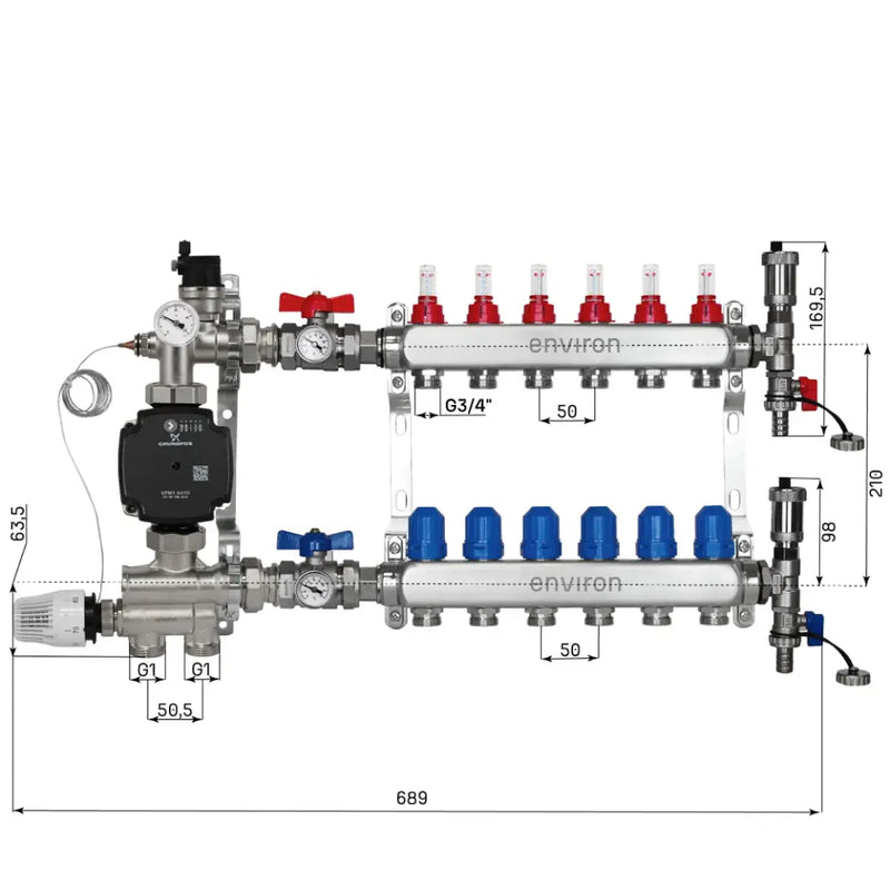 Juego de regulación de valor fijo M059 20-70°C con bomba de alta eficiencia Grundfos UPM3 25/6, distribuidor de circuito de calefacción de acero inoxidable, juego de purgadores y juego de válvulas de bola