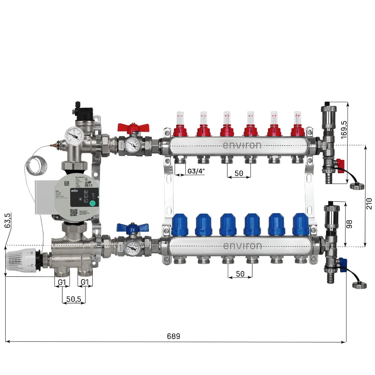 Festwertregelset M058 mit Wilo Para 25/6 Hocheffizienzpumpe und Heizkreisverteiler und Zubehör