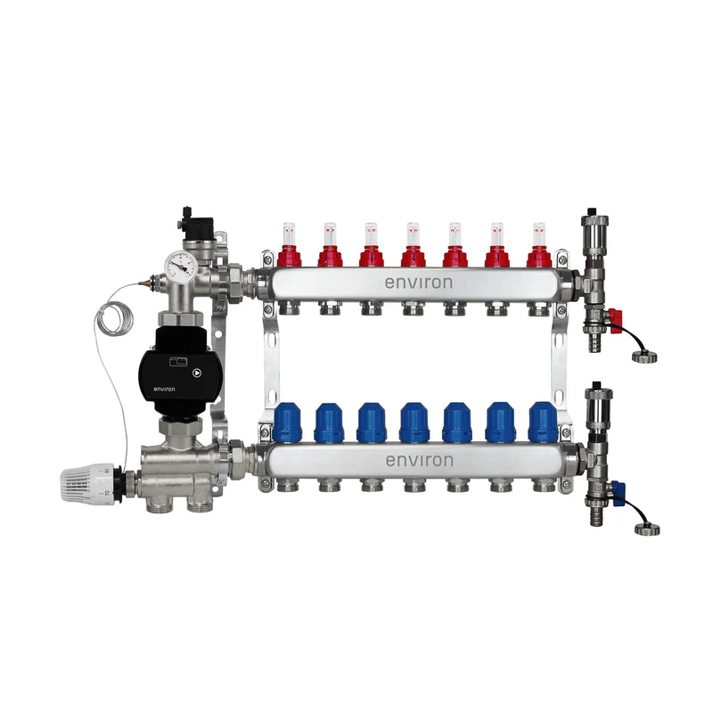 Festwertregelset M059 20-70°C mit EcoStar II 25/6 Hocheffizienzpumpe, Edelstahl-Heizkreisverteiler, Entlüfterset & Kugelhahnset