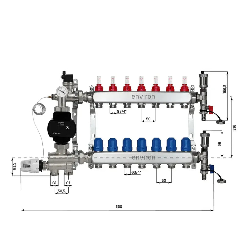 Festwertregelset M059 20-70°C mit EcoStar II 25/6 Hocheffizienzpumpe, Edelstahl-Heizkreisverteiler, Entlüfterset & Kugelhahnset