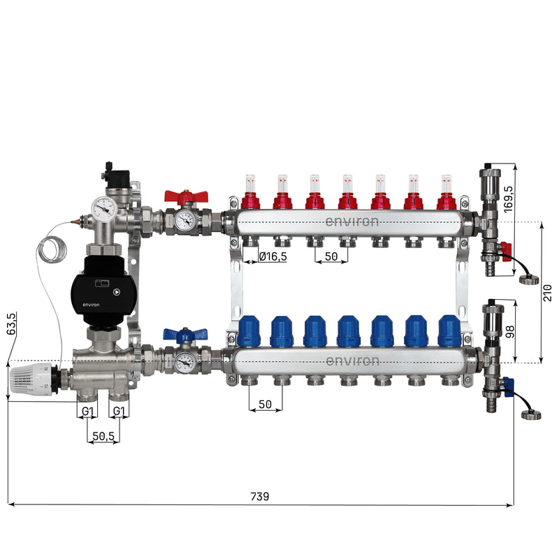 Festwertregelset M059 20-70°C mit EcoStar II 25/6 Hocheffizienzpumpe, Edelstahl-Heizkreisverteiler, Entlüfterset & Kugelhahnset