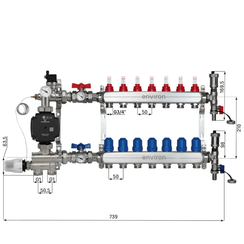 Juego de regulación de valor fijo M059 20-70°C con bomba de alta eficiencia Grundfos UPM3 25/6, distribuidor de circuito de calefacción de acero inoxidable, juego de purgadores y juego de válvulas de bola