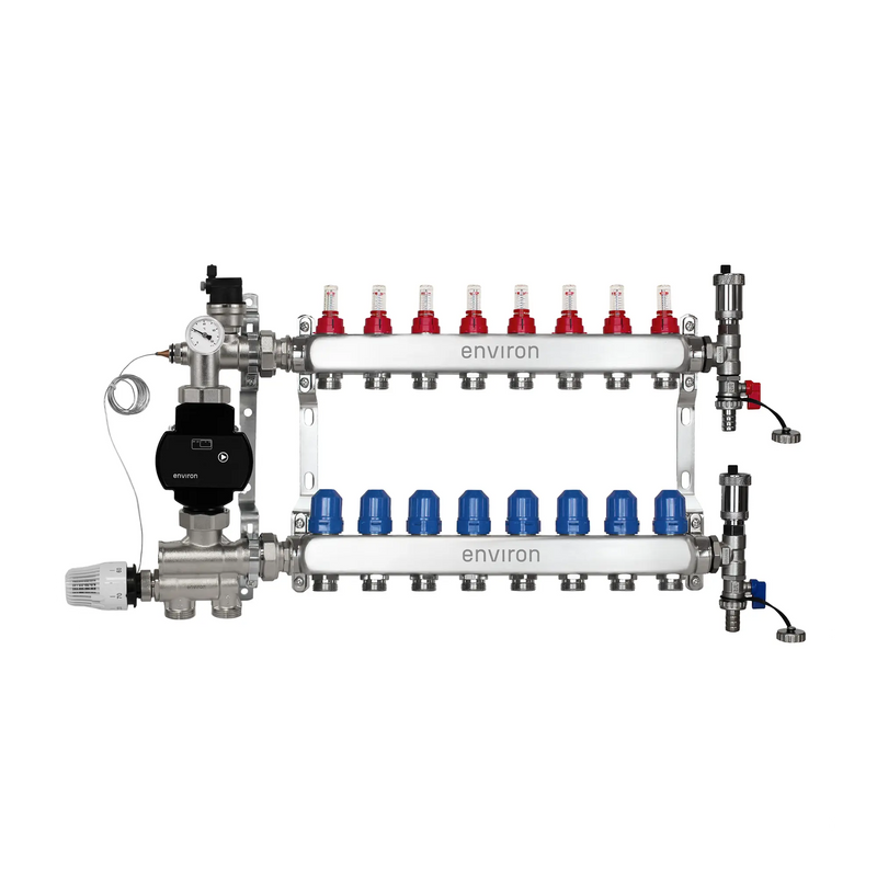 Festwertregelset M059 20-70°C mit EcoStar II 25/6 Hocheffizienzpumpe, Edelstahl-Heizkreisverteiler, Entlüfterset & Kugelhahnset