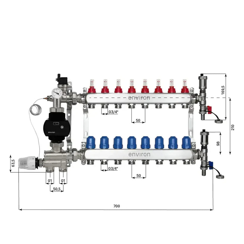 Festwertregelset M059 20-70°C mit EcoStar II 25/6 Hocheffizienzpumpe, Edelstahl-Heizkreisverteiler, Entlüfterset & Kugelhahnset