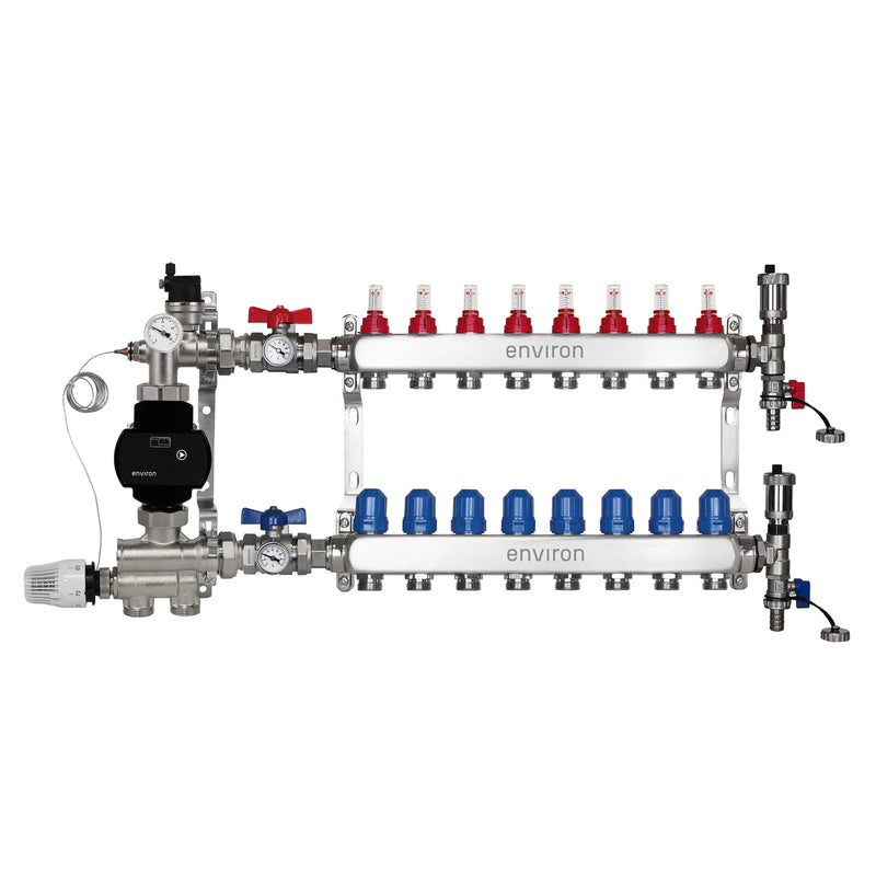 Festwertregelset M059 20-70°C mit EcoStar II 25/6 Hocheffizienzpumpe, Edelstahl-Heizkreisverteiler, Entlüfterset & Kugelhahnset
