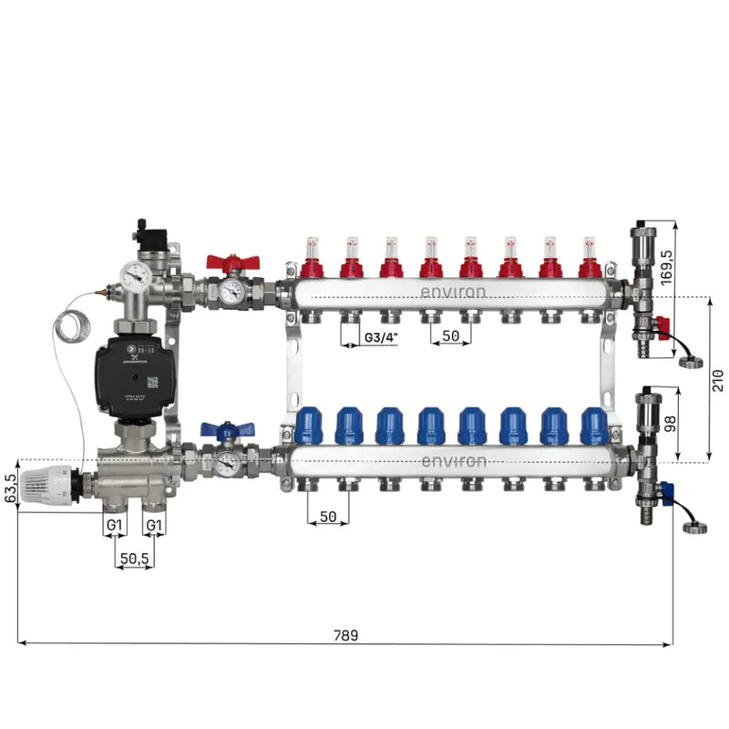 Juego de regulación de valor fijo M059 20-70°C con bomba de alta eficiencia Grundfos UPM3 25/6, distribuidor de circuito de calefacción de acero inoxidable, juego de purgadores y juego de válvulas de bola