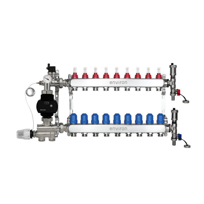 Festwertregelset M059 20-70°C mit EcoStar II 25/6 Hocheffizienzpumpe, Edelstahl-Heizkreisverteiler, Entlüfterset & Kugelhahnset