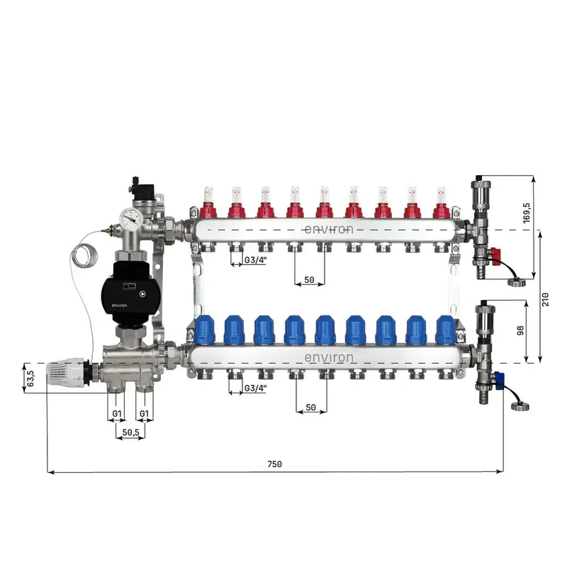 Festwertregelset M059 20-70°C mit EcoStar II 25/6 Hocheffizienzpumpe, Edelstahl-Heizkreisverteiler, Entlüfterset & Kugelhahnset