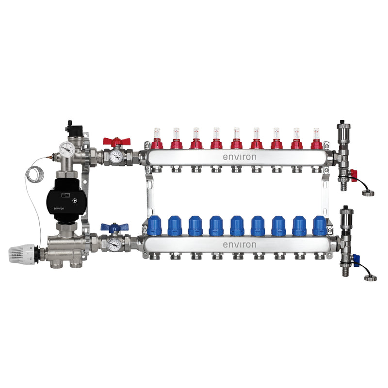Festwertregelset M059 20-70°C mit EcoStar II 25/6 Hocheffizienzpumpe, Edelstahl-Heizkreisverteiler, Entlüfterset & Kugelhahnset