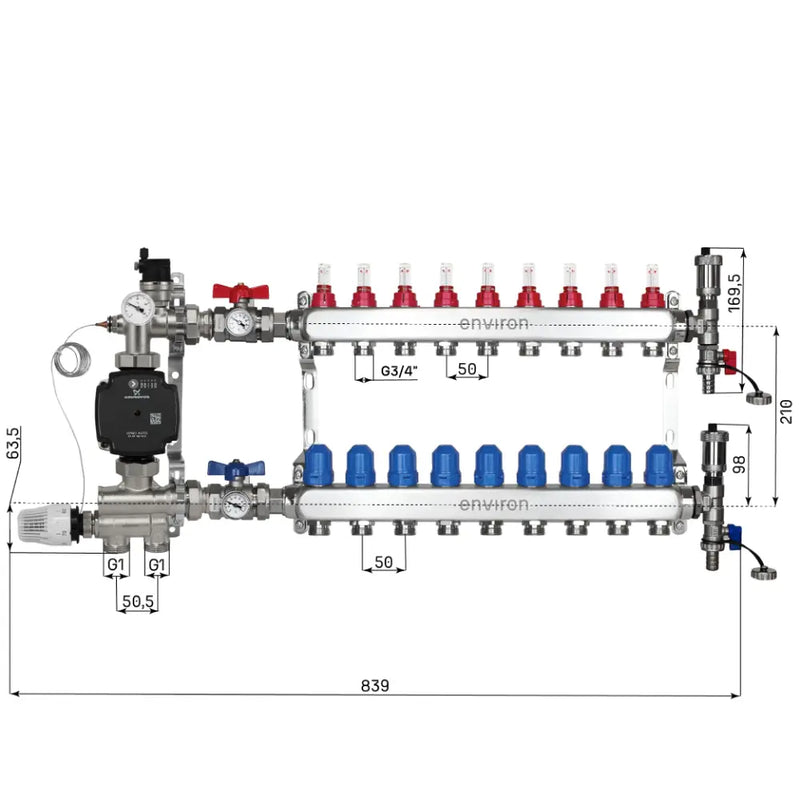 Juego de regulación de valor fijo M059 20-70°C con bomba de alta eficiencia Grundfos UPM3 25/6, distribuidor de circuito de calefacción de acero inoxidable, juego de purgadores y juego de válvulas de bola