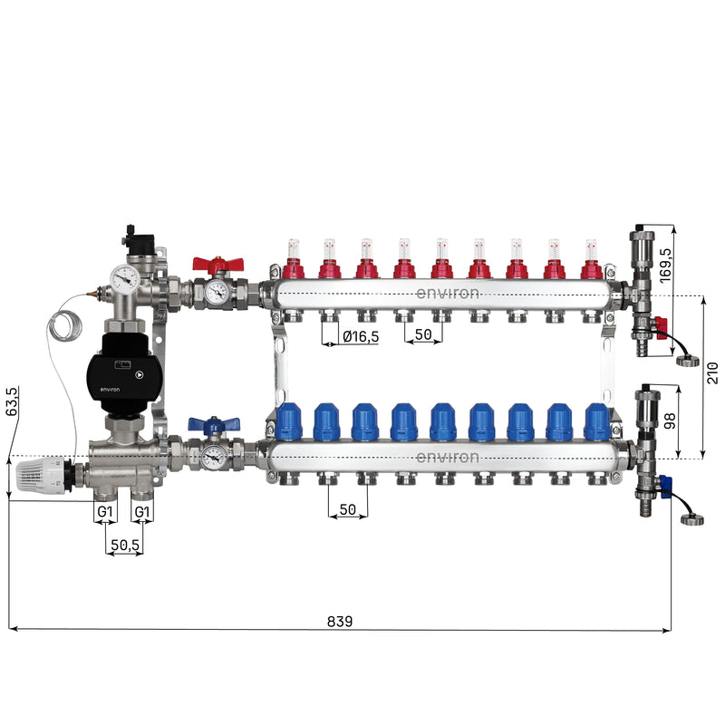 Festwertregelset M059 20-70°C mit EcoStar II 25/6 Hocheffizienzpumpe, Edelstahl-Heizkreisverteiler, Entlüfterset & Kugelhahnset