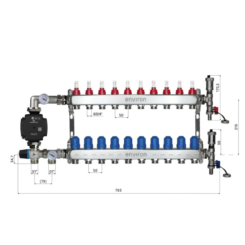 Juego de regulación de valor fijo M059 20-70°C con bomba de alta eficiencia Grundfos UPM3 25/6, distribuidor de circuito de calefacción de acero inoxidable, juego de purgadores y juego de válvulas de bola