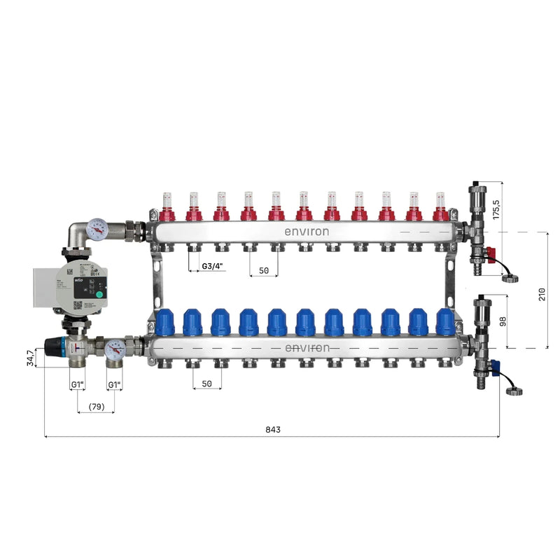 Festwertregelset M058 20-55°C mit Wilo Para 25/6 Hocheffizienzpumpe, Edelstahl-Heizkreisverteiler, Entlüfterset & Kugelhahnset