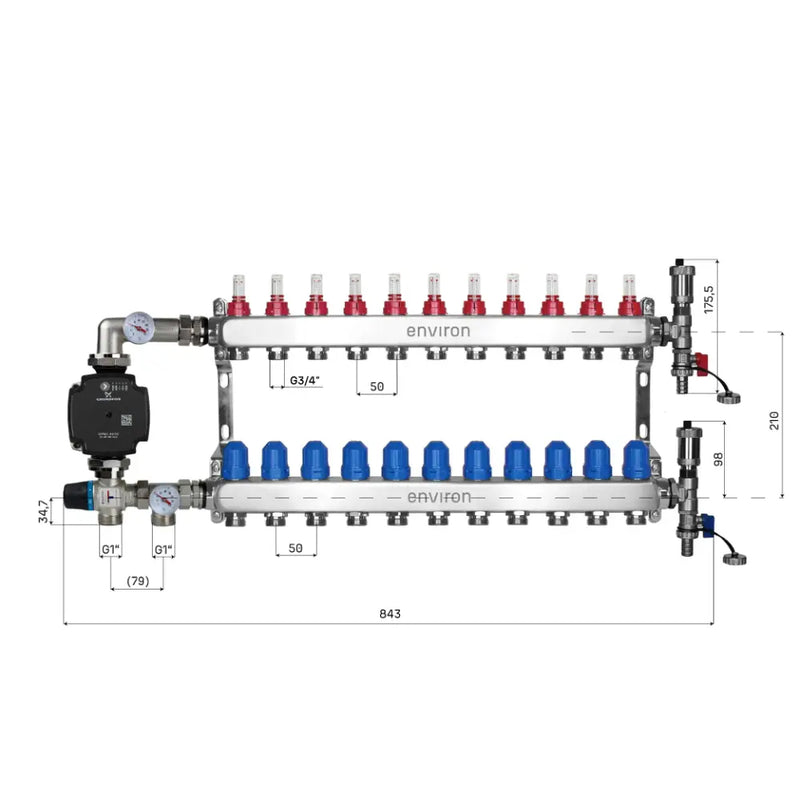 Juego de regulación de valor fijo M059 20-70°C con bomba de alta eficiencia Grundfos UPM3 25/6, distribuidor de circuito de calefacción de acero inoxidable, juego de purgadores y juego de válvulas de bola