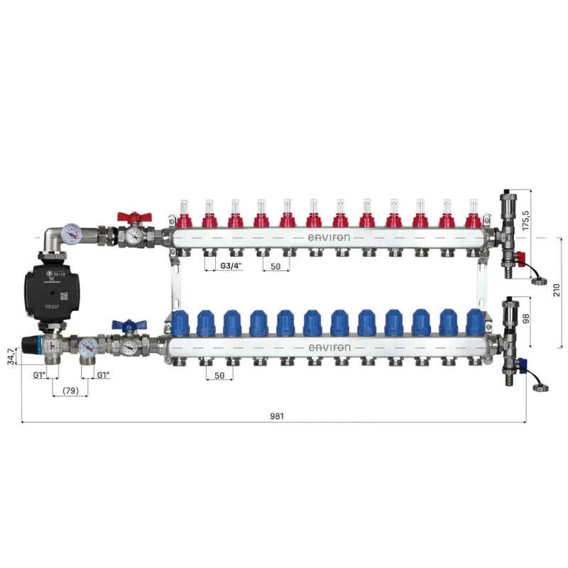 Juego de regulación de valor fijo M059 20-70°C con bomba de alta eficiencia Grundfos UPM3 25/6, distribuidor de circuito de calefacción de acero inoxidable, juego de purgadores y juego de válvulas de bola