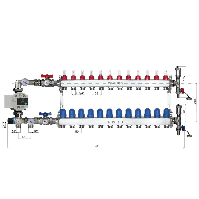 Festwertregelset M058 20-55°C mit Wilo Para 25/6 Hocheffizienzpumpe, Edelstahl-Heizkreisverteiler, Entlüfterset & Kugelhahnset