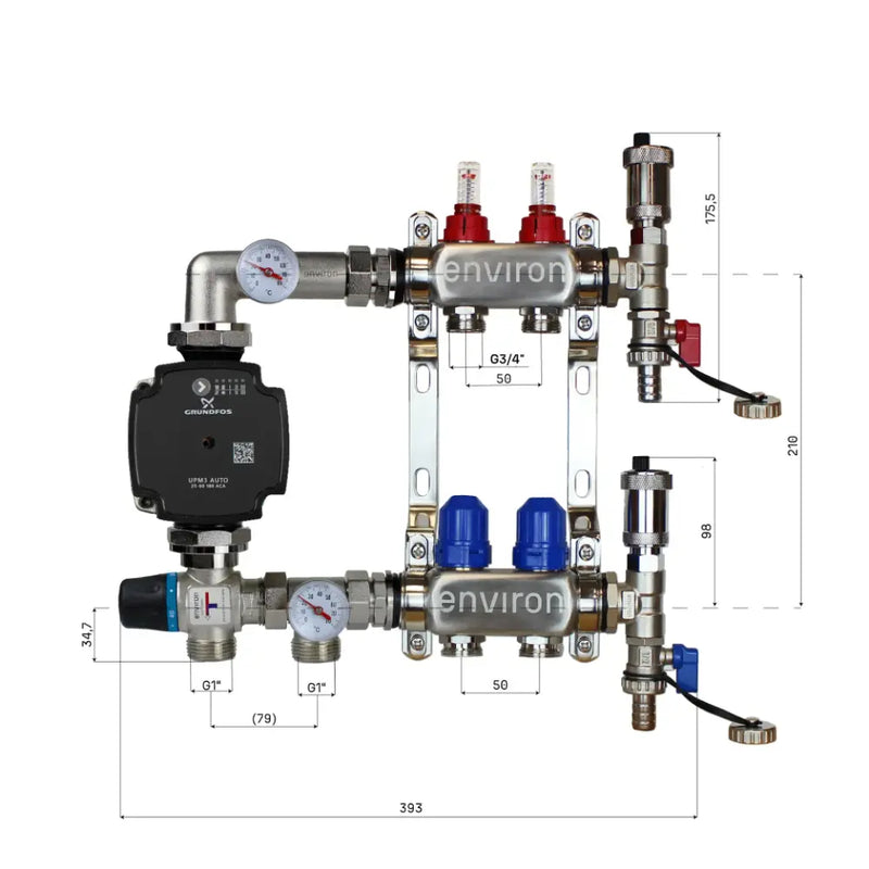 Juego de regulación de valor fijo M059 20-70°C con bomba de alta eficiencia Grundfos UPM3 25/6, distribuidor de circuito de calefacción de acero inoxidable, juego de purgadores y juego de válvulas de bola