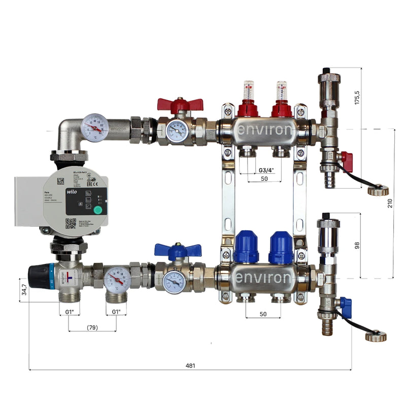 Festwertregelset M058 20-55°C mit Wilo Para 25/6 Hocheffizienzpumpe, Edelstahl-Heizkreisverteiler, Entlüfterset & Kugelhahnset