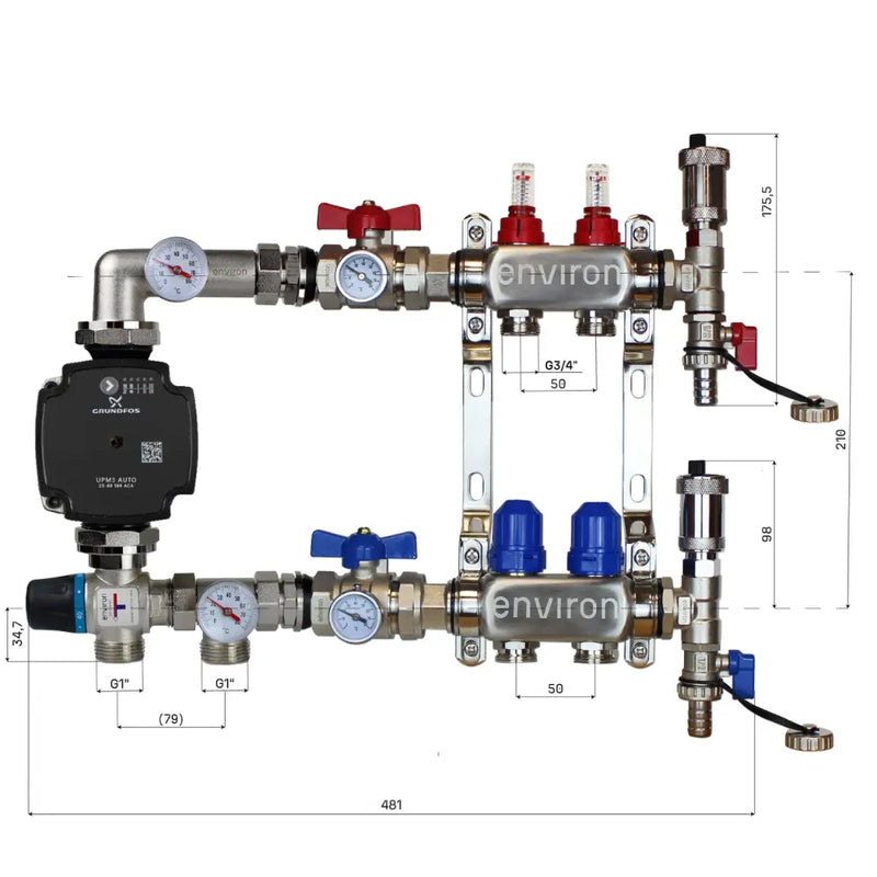 Juego de regulación de valor fijo M059 20-70°C con bomba de alta eficiencia Grundfos UPM3 25/6, distribuidor de circuito de calefacción de acero inoxidable, juego de purgadores y juego de válvulas de bola