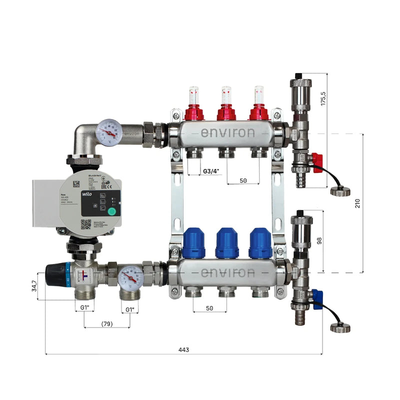 Festwertregelset M058 20-55°C mit Wilo Para 25/6 Hocheffizienzpumpe, Edelstahl-Heizkreisverteiler, Entlüfterset & Kugelhahnset