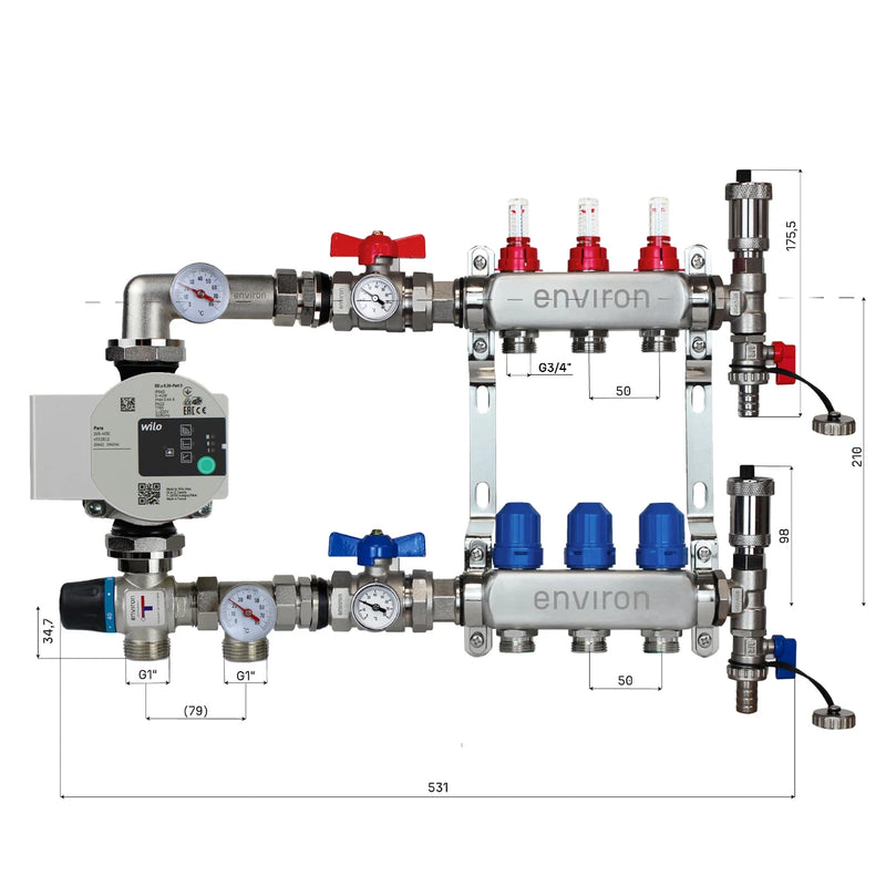 Festwertregelset M058 20-55°C mit Wilo Para 25/6 Hocheffizienzpumpe, Edelstahl-Heizkreisverteiler, Entlüfterset & Kugelhahnset