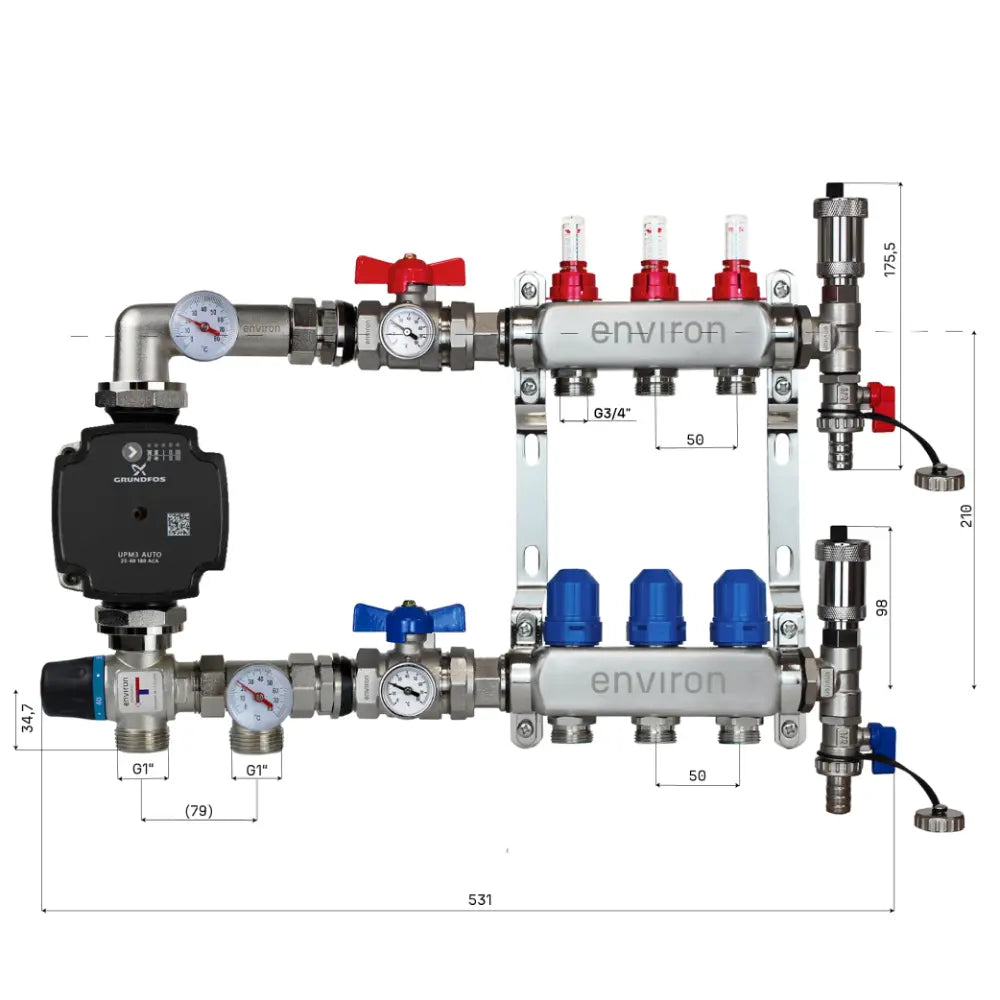 Festwertregelset M058 mit Grundfos UPM3 25/6 Hocheffizienzpumpe und Heizkreisverteiler und Zubehör