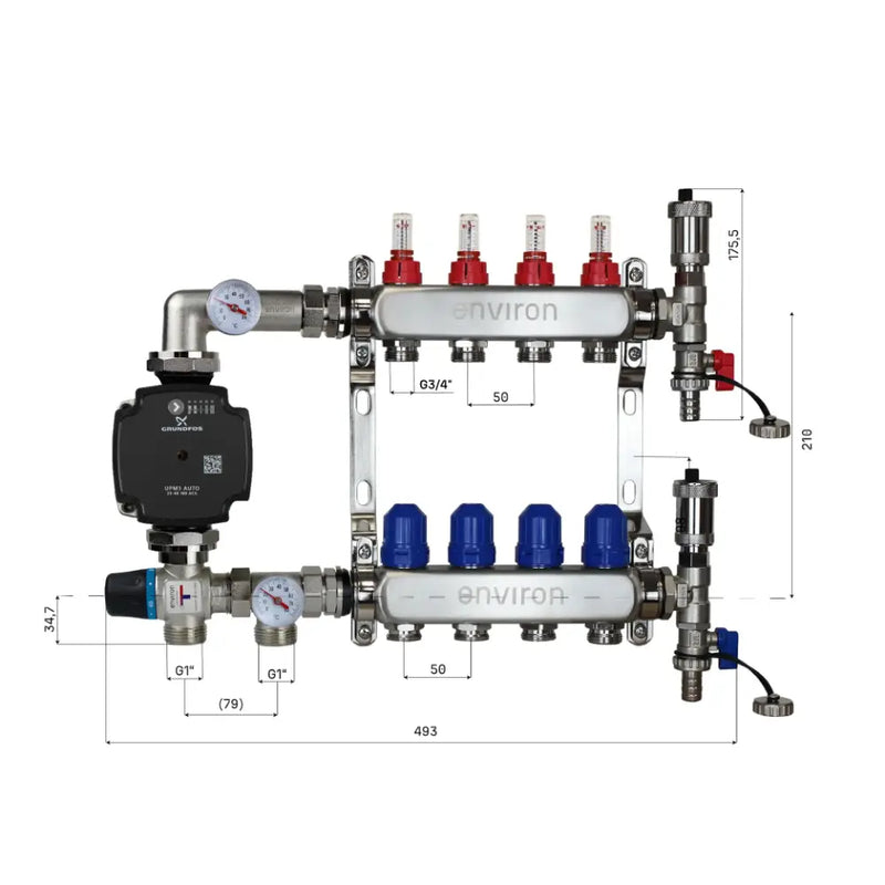 Juego de regulación de valor fijo M059 20-70°C con bomba de alta eficiencia Grundfos UPM3 25/6, distribuidor de circuito de calefacción de acero inoxidable, juego de purgadores y juego de válvulas de bola