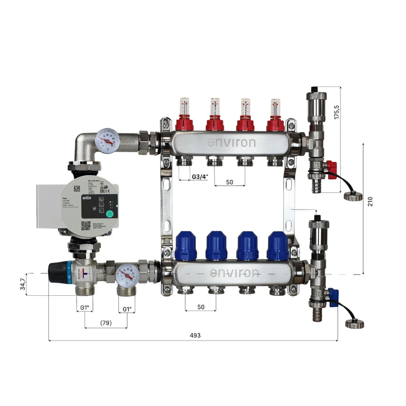 Festwertregelset M058 20-55°C mit Wilo Para 25/6 Hocheffizienzpumpe, Edelstahl-Heizkreisverteiler, Entlüfterset & Kugelhahnset