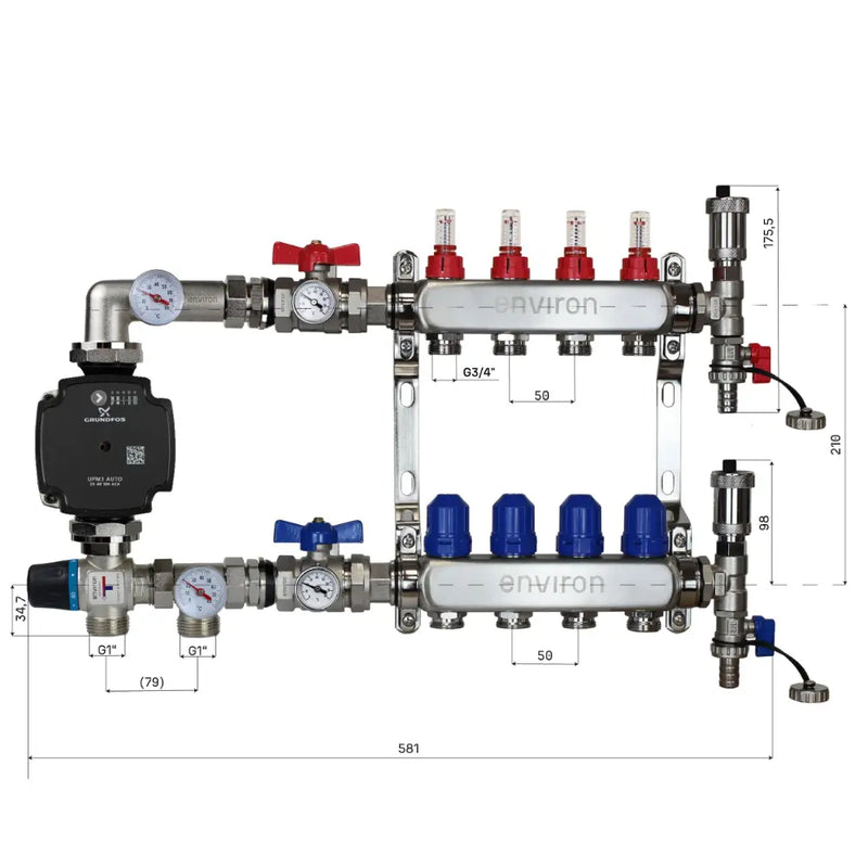 Juego de regulación de valor fijo M059 20-70°C con bomba de alta eficiencia Grundfos UPM3 25/6, distribuidor de circuito de calefacción de acero inoxidable, juego de purgadores y juego de válvulas de bola