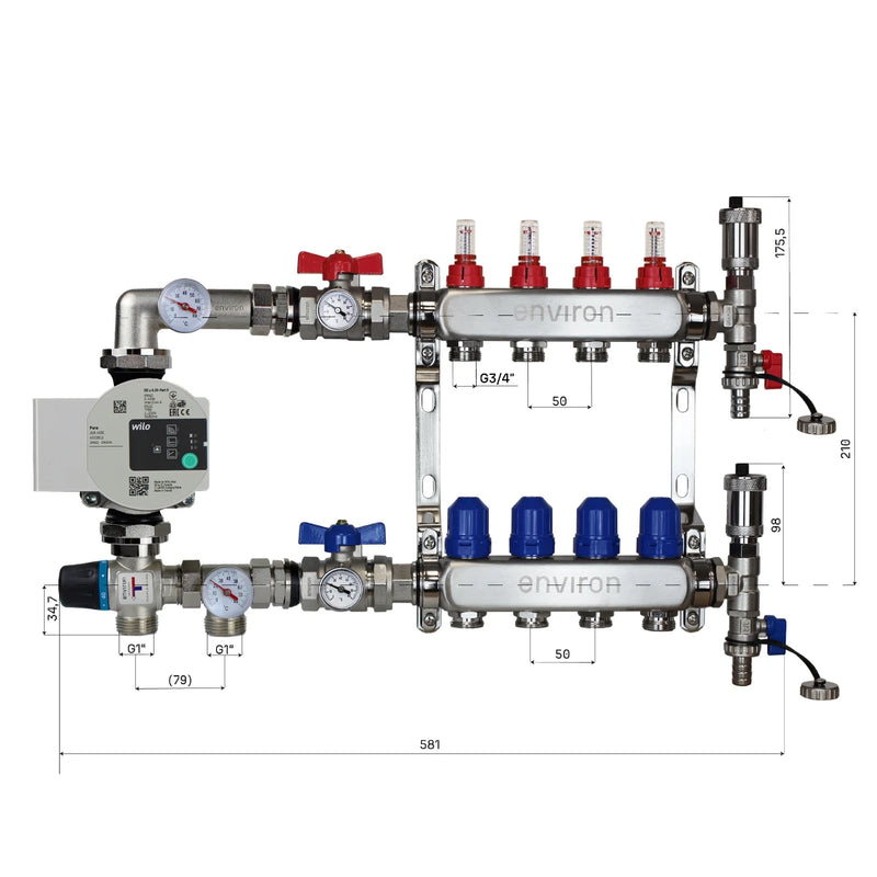 Festwertregelset M058 20-55°C mit Wilo Para 25/6 Hocheffizienzpumpe, Edelstahl-Heizkreisverteiler, Entlüfterset & Kugelhahnset