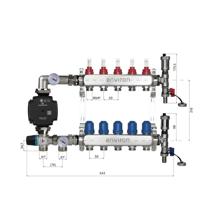 Juego de regulación de valor fijo M059 20-70°C con bomba de alta eficiencia Grundfos UPM3 25/6, distribuidor de circuito de calefacción de acero inoxidable, juego de purgadores y juego de válvulas de bola