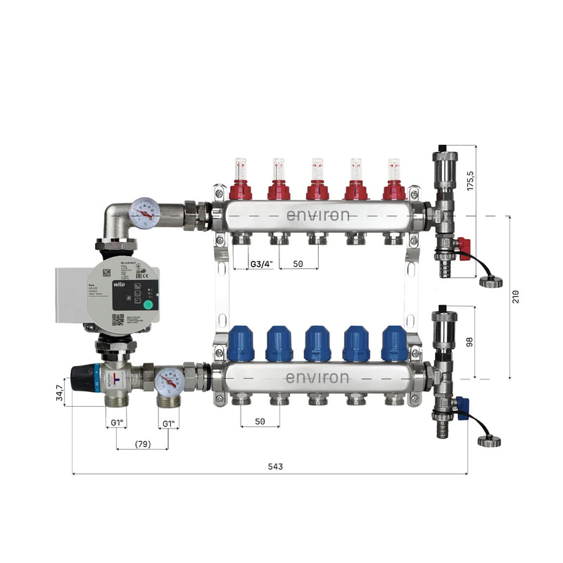 Festwertregelset M058 20-55°C mit Wilo Para 25/6 Hocheffizienzpumpe, Edelstahl-Heizkreisverteiler, Entlüfterset & Kugelhahnset