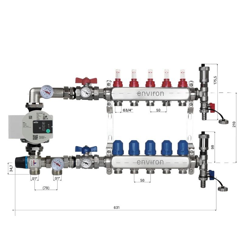 Festwertregelset M058 20-55°C mit Wilo Para 25/6 Hocheffizienzpumpe, Edelstahl-Heizkreisverteiler, Entlüfterset & Kugelhahnset