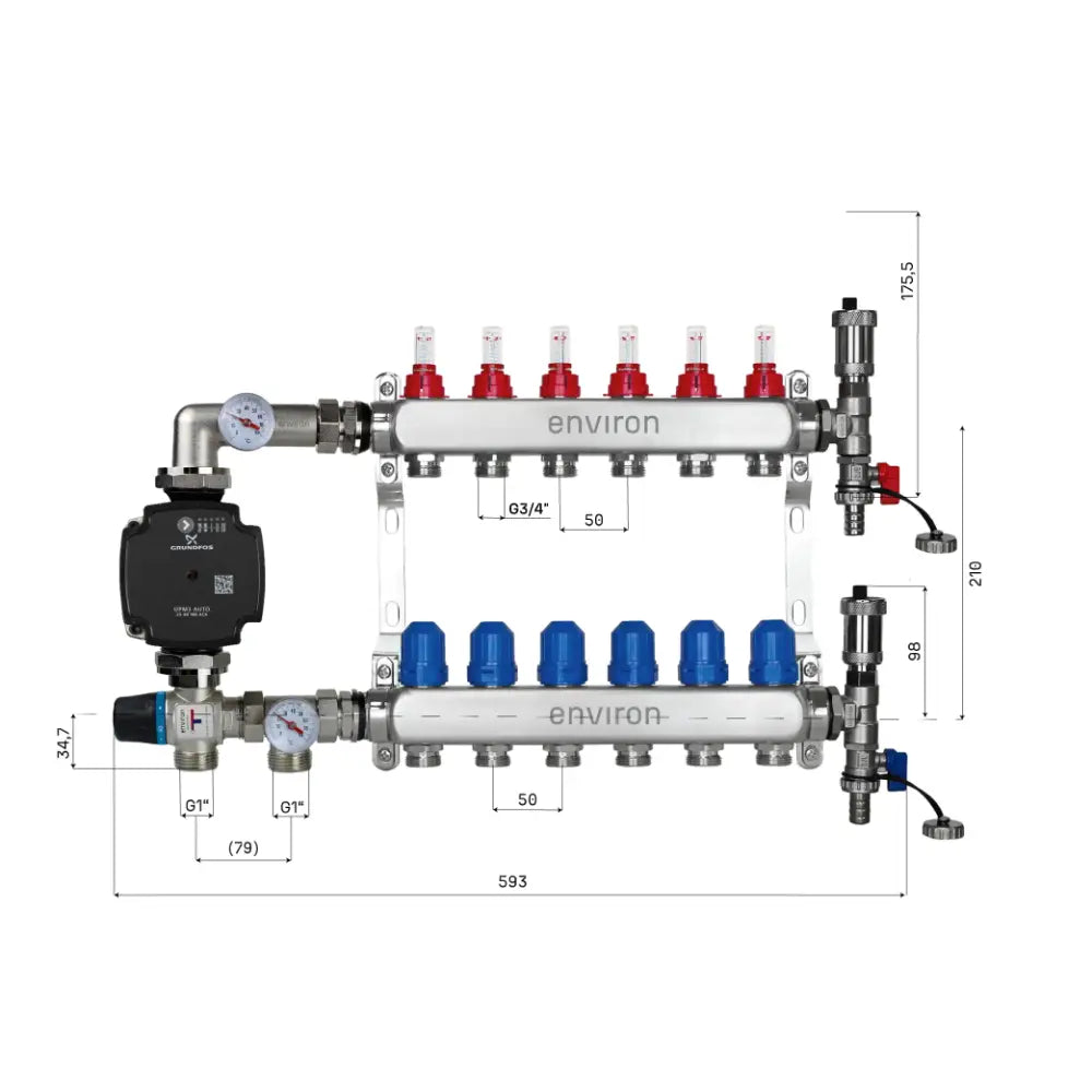Festwertregelset M059 mit Grundfos UPM3 25/6 Hocheffizienzpumpe und Heizkreisverteiler und Zubehör