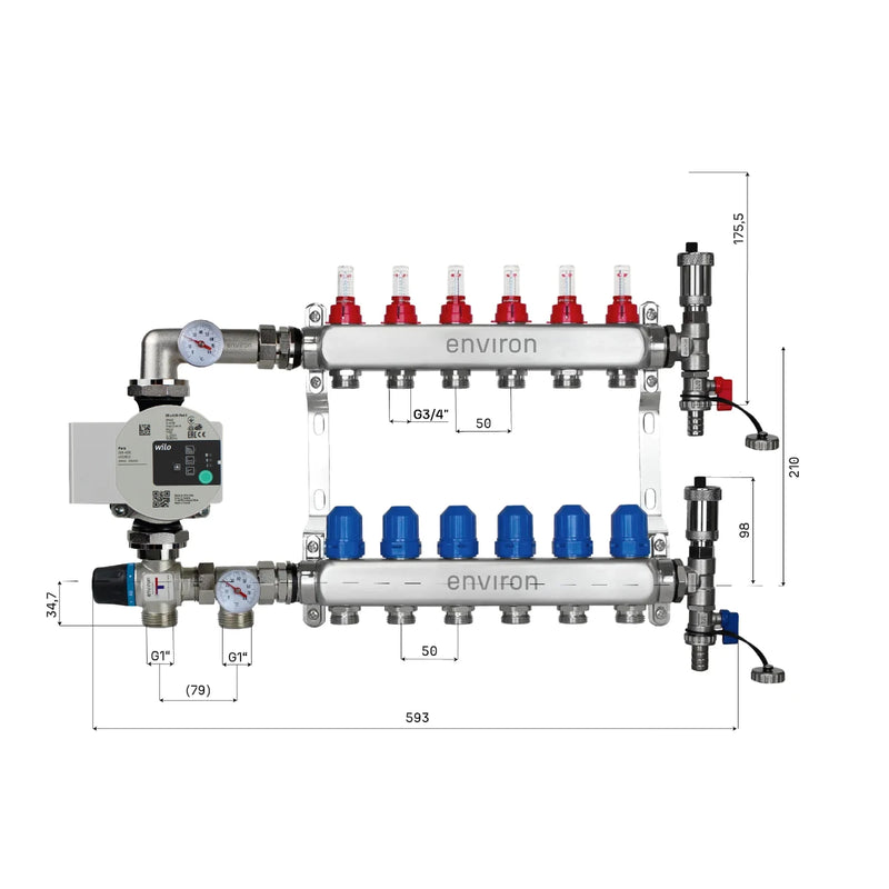 Festwertregelset M058 20-55°C mit Wilo Para 25/6 Hocheffizienzpumpe, Edelstahl-Heizkreisverteiler, Entlüfterset & Kugelhahnset