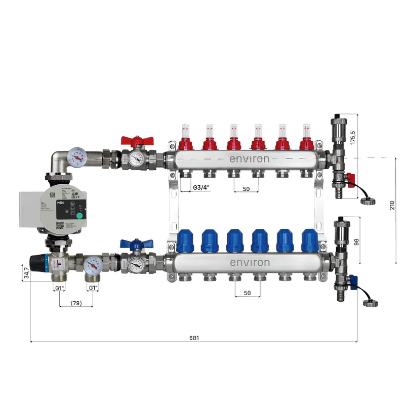 Festwertregelset M058 20-55°C mit Wilo Para 25/6 Hocheffizienzpumpe, Edelstahl-Heizkreisverteiler, Entlüfterset & Kugelhahnset