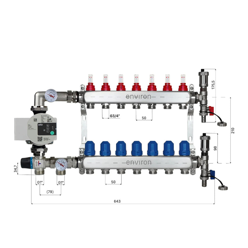 Festwertregelset M058 20-55°C mit Wilo Para 25/6 Hocheffizienzpumpe, Edelstahl-Heizkreisverteiler, Entlüfterset & Kugelhahnset