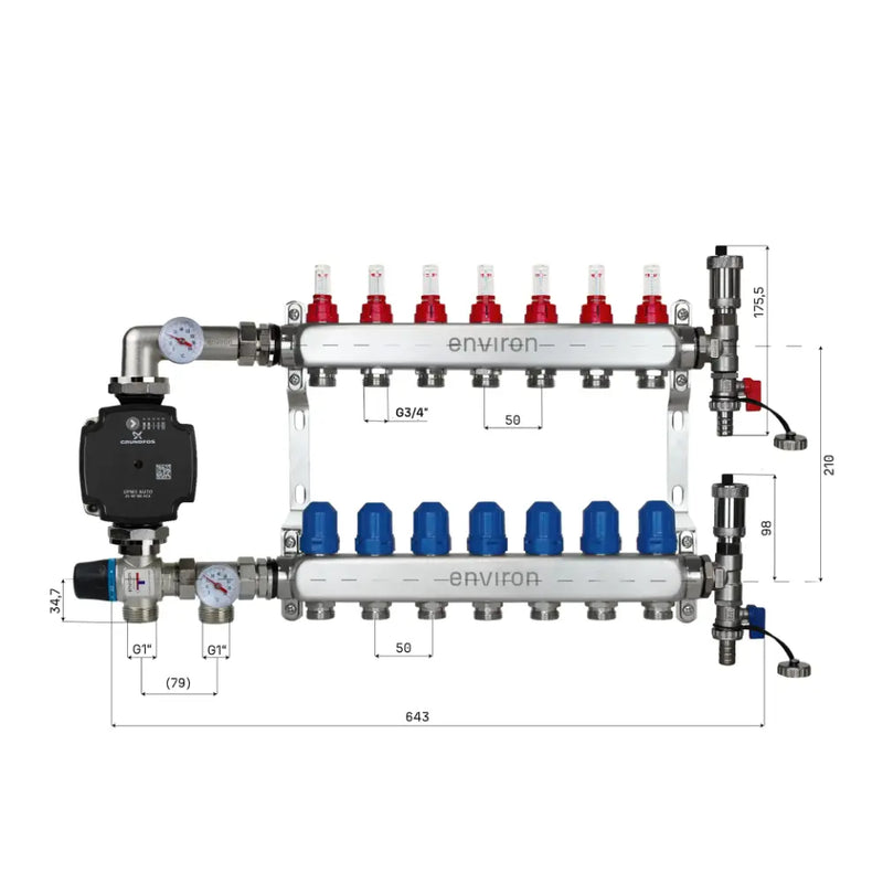 Juego de regulación de valor fijo M059 20-70°C con bomba de alta eficiencia Grundfos UPM3 25/6, distribuidor de circuito de calefacción de acero inoxidable, juego de purgadores y juego de válvulas de bola