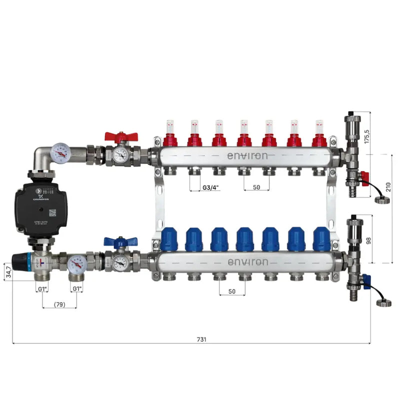 Juego de regulación de valor fijo M059 20-70°C con bomba de alta eficiencia Grundfos UPM3 25/6, distribuidor de circuito de calefacción de acero inoxidable, juego de purgadores y juego de válvulas de bola