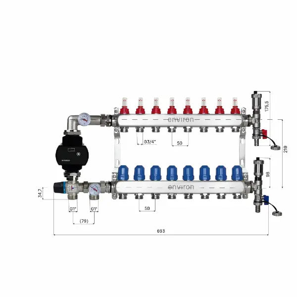 Juego de regulación de valor fijo M059 20-70°C con bomba de alta eficiencia Grundfos UPM3 25/6, distribuidor de circuito de calefacción de acero inoxidable, juego de purgadores y juego de válvulas de bola