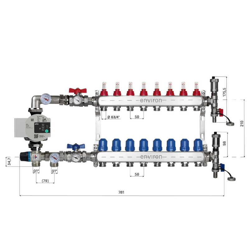 Festwertregelset M058 20-55°C mit Wilo Para 25/6 Hocheffizienzpumpe, Edelstahl-Heizkreisverteiler, Entlüfterset & Kugelhahnset