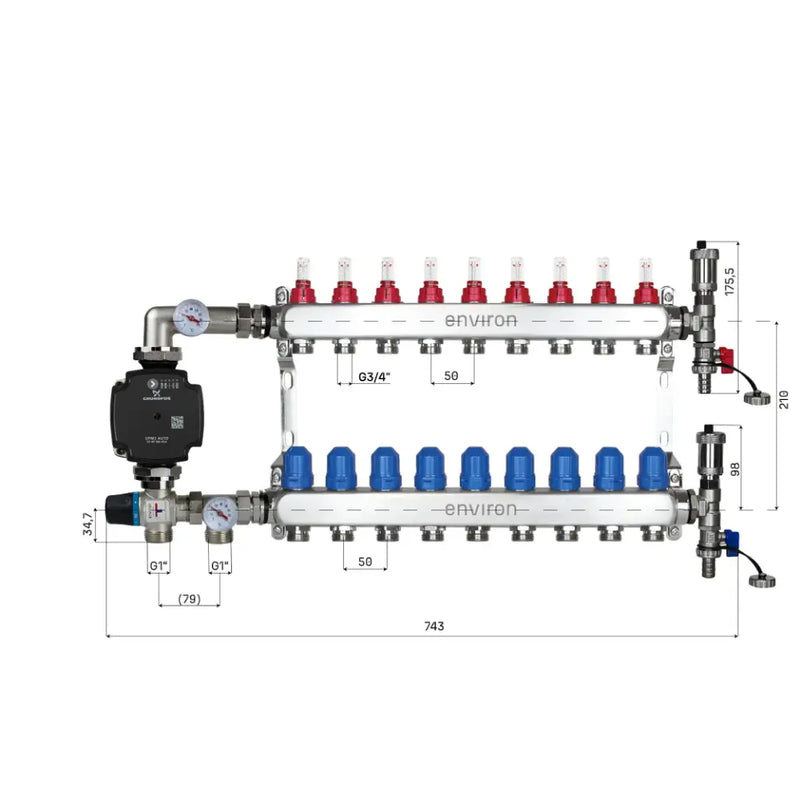 Juego de regulación de valor fijo M059 20-70°C con bomba de alta eficiencia Grundfos UPM3 25/6, distribuidor de circuito de calefacción de acero inoxidable, juego de purgadores y juego de válvulas de bola