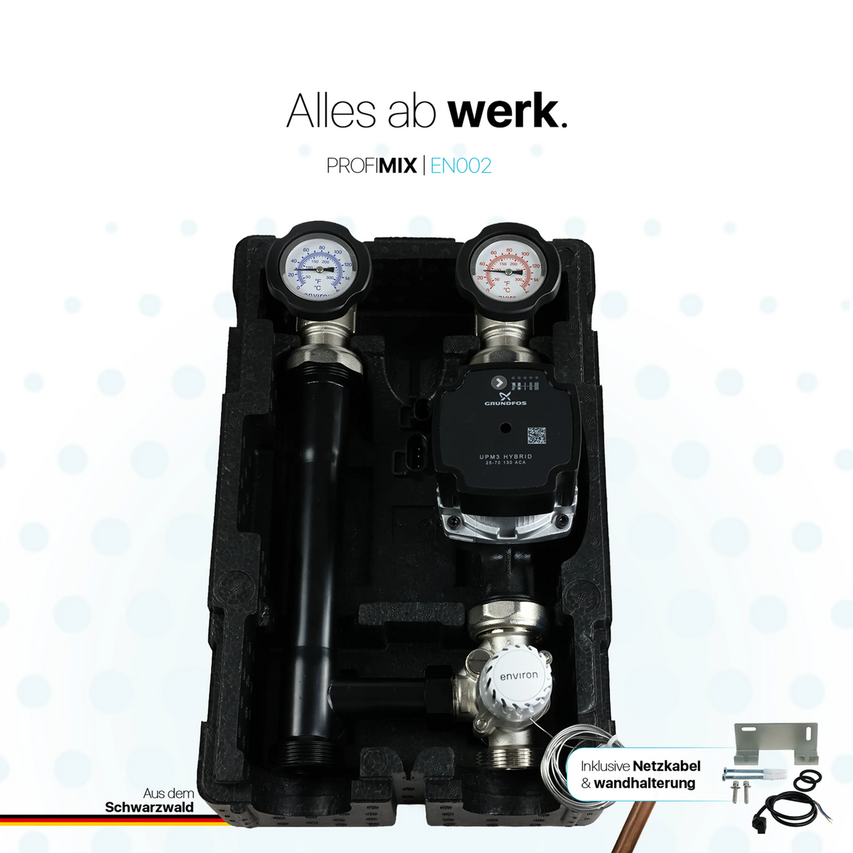 Grupo de bombas de circuito de calefacción ProfiMix con mezclador de tres vías, cabeza termostática capilar 20-70°C y bomba de alta eficiencia Grundfos UPM3 S Auto 25/6