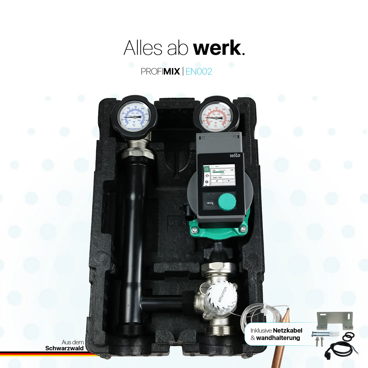 Grupo de bombas de circuito de calefacción ProfiMix con mezclador de tres vías, cabeza termostática capilar 20-70°C y bomba de alta eficiencia Wilo Para 25/6